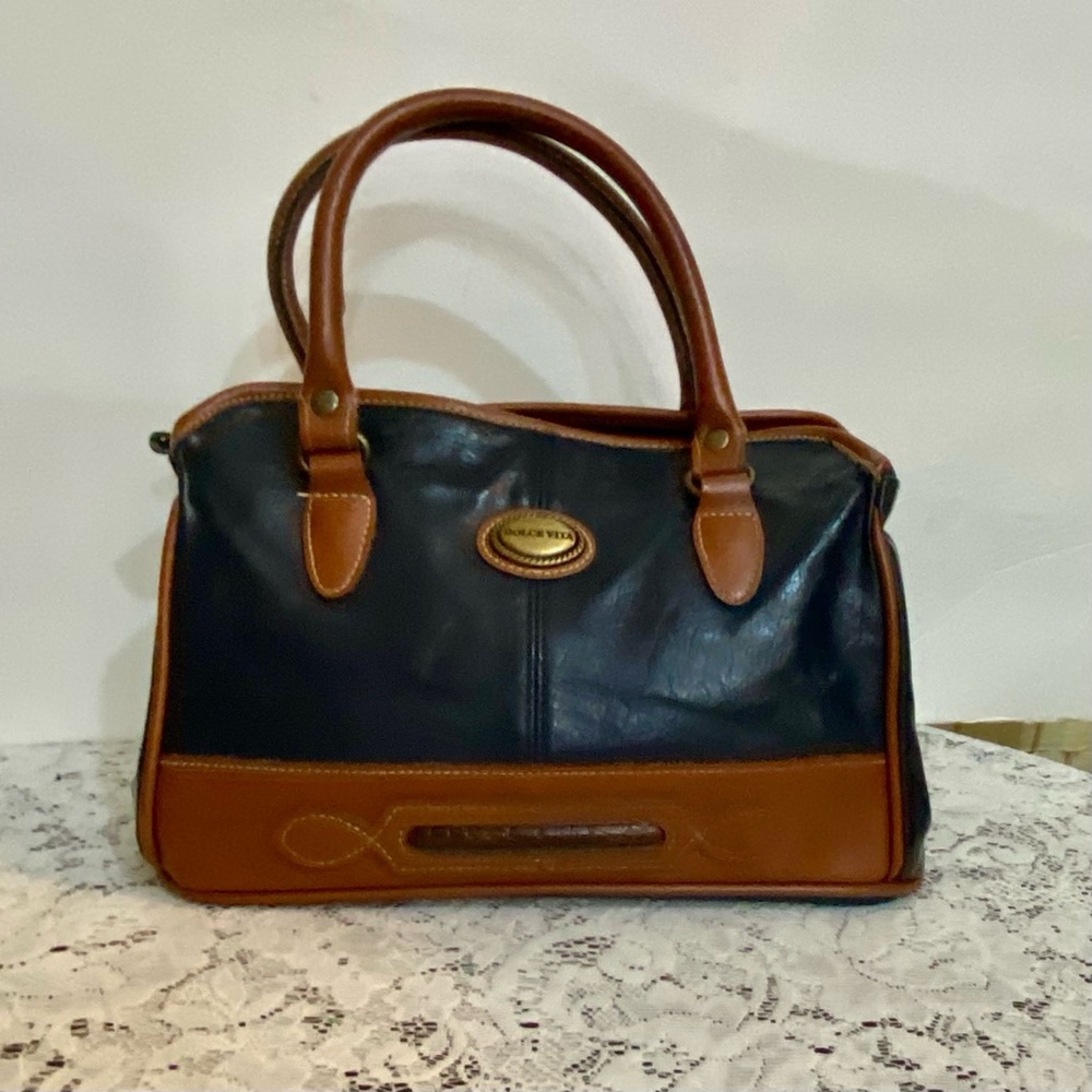 Dolce Vita Black Handbag with Brown Leather (10.5in x 7.5in x 5.5in)